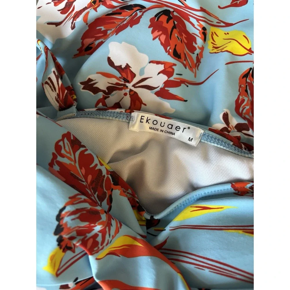 Ekouaer Womens 1 Piece Floral &‎ Blue Swimsuit Medium Beach Resort Cruise Modest